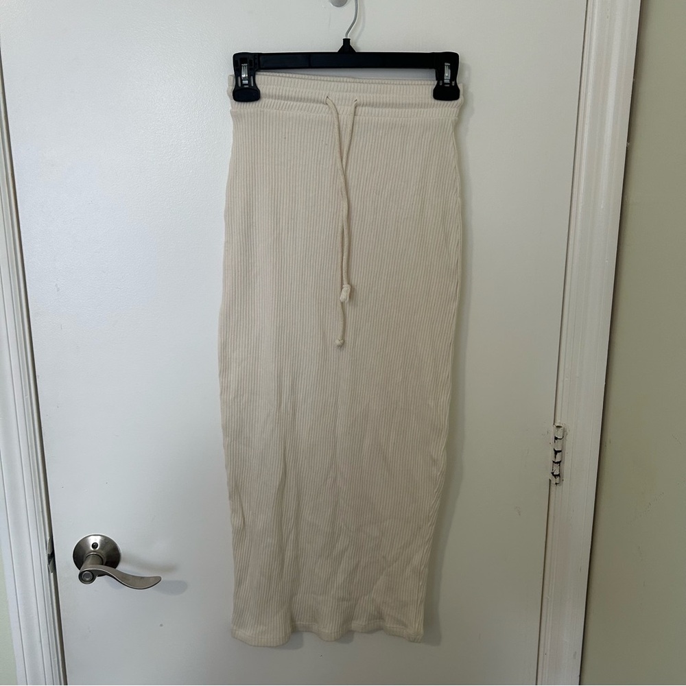 Zara Cream Ribbed Knit Midi Skirt with Drawstring Waist Size Small
